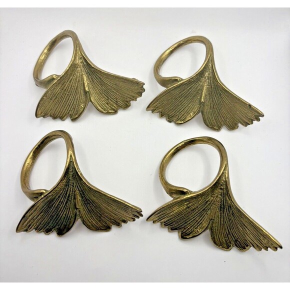 Vintage Set of 4 Brass Leaf Napkin Rings Used Not Polished - Picture 2 of 10
